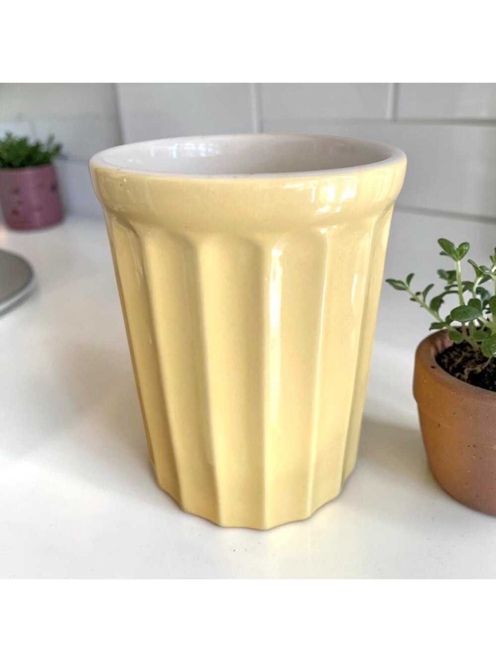 Pottery Barn Vintage Yellow Ware Fluted Utensil Holder Vase Crock 7" H Farmhouse